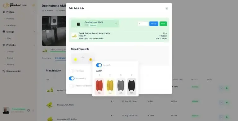 Printing from printer history
