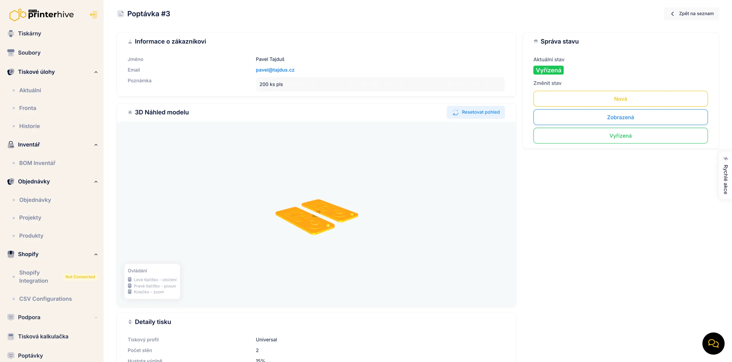 Printerhive admin view with incoming quote inquiry and model preview